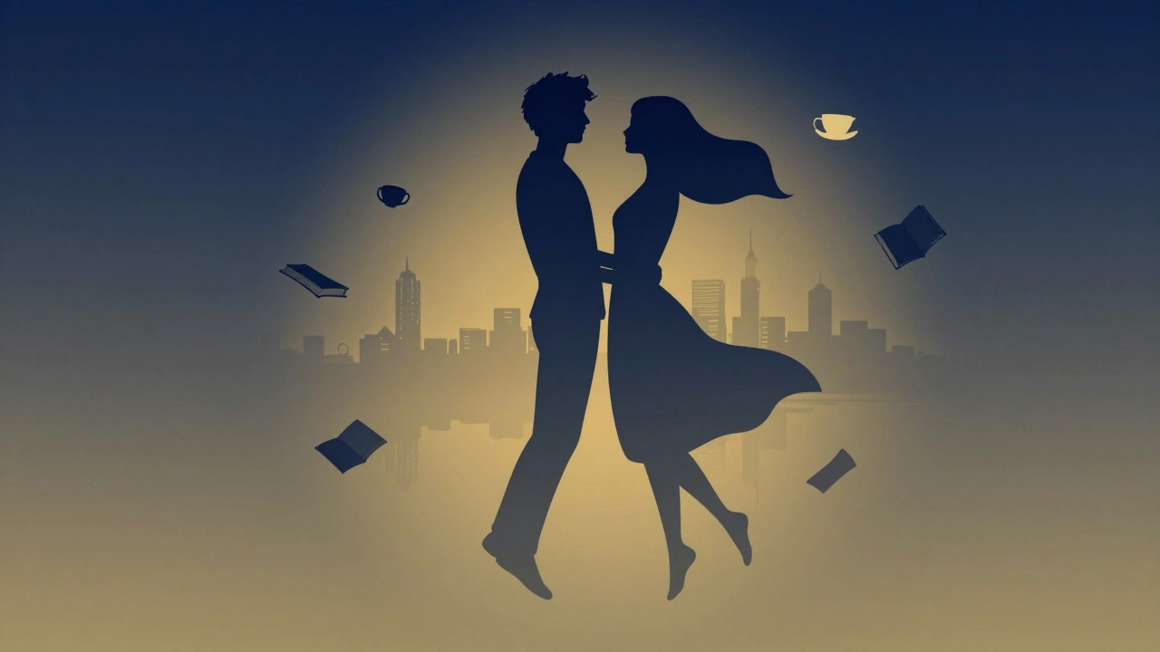 Abstract silhouettes of two figures connected by floating symbols of intellect and elegance.