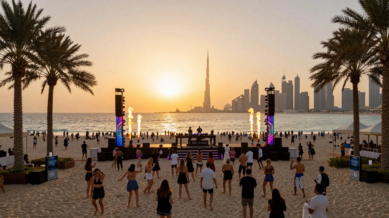 Sunset electronic music set at JBR beach with dancers on sand and Burj Khalifa in the distance.