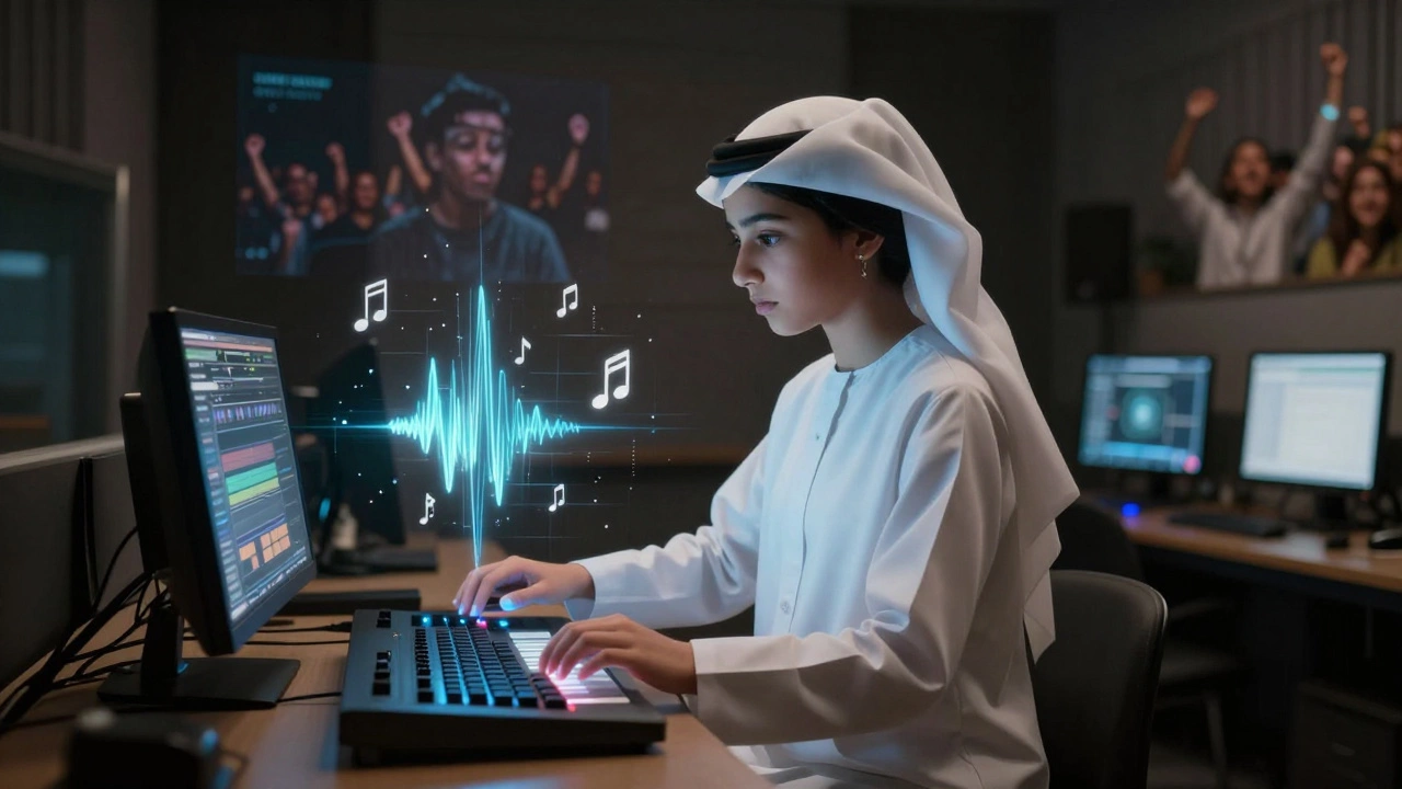 Teenage Emirati DJ in a school lab creating music with glowing digital Arabic techno waveforms.